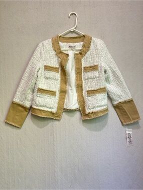 NWT Nanette Lenore Classic Cream Tweed Boucle Jacket with Tan Trim Sz M